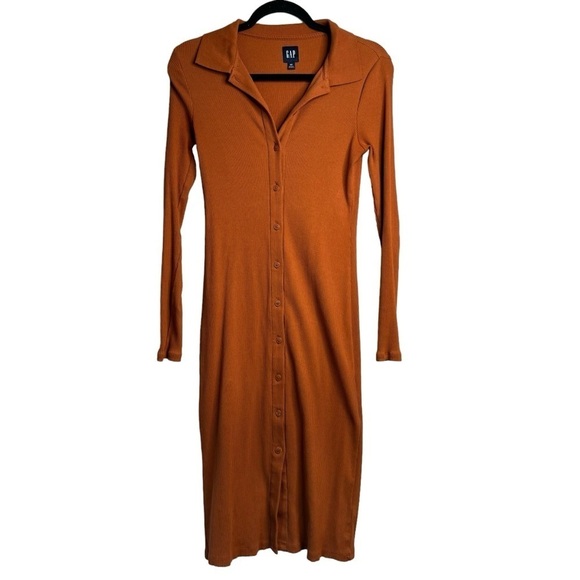 GAP Women's Long Sleeve Ribbed Polo Midi Dress Button Front Rust Orange XS - Picture 1 of 7